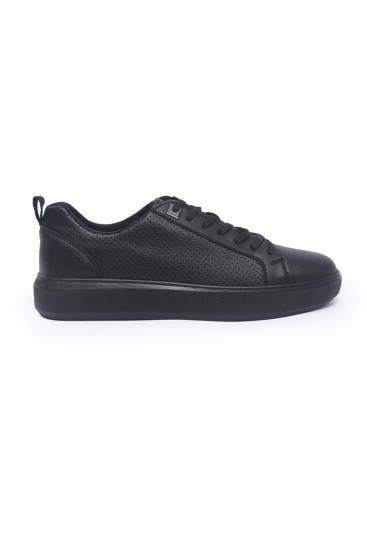 TommyLife - Siyah Delikli Bağcıklı Suni Deri Erkek Spor Ayakkabı - 89055