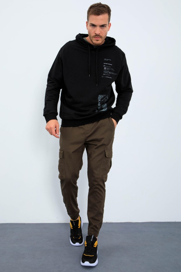 Siyah Desen Baskılı Kapüşonlu Rahat Form Erkek Sweatshirt - 88018