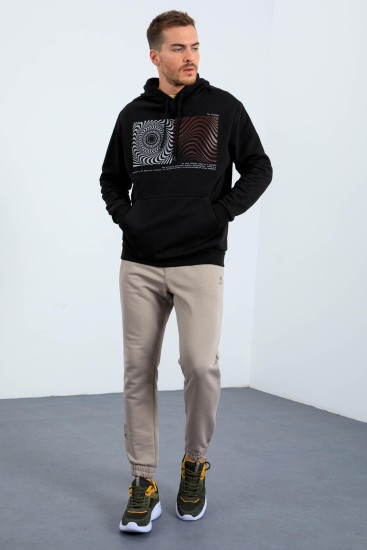 Siyah Desen Baskılı Kapüşonlu Rahat Form Erkek Sweatshirt - 88030 - Thumbnail