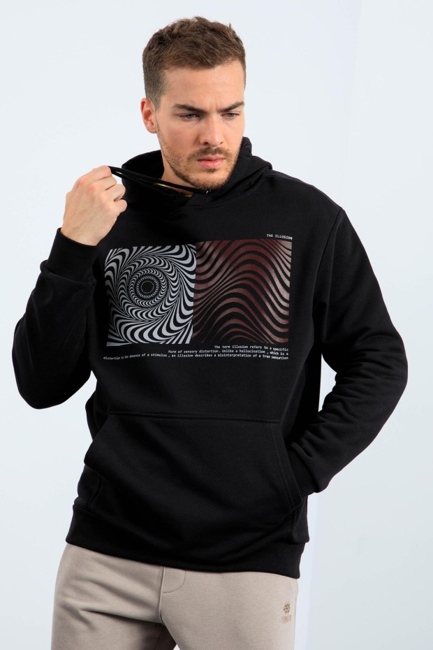 Siyah Desen Baskılı Kapüşonlu Rahat Form Erkek Sweatshirt - 88030