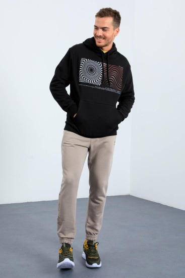 Siyah Desen Baskılı Kapüşonlu Rahat Form Erkek Sweatshirt - 88030 - Thumbnail
