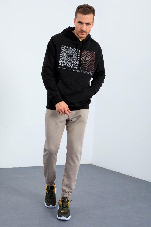 Siyah Desen Baskılı Kapüşonlu Rahat Form Erkek Sweatshirt - 88030