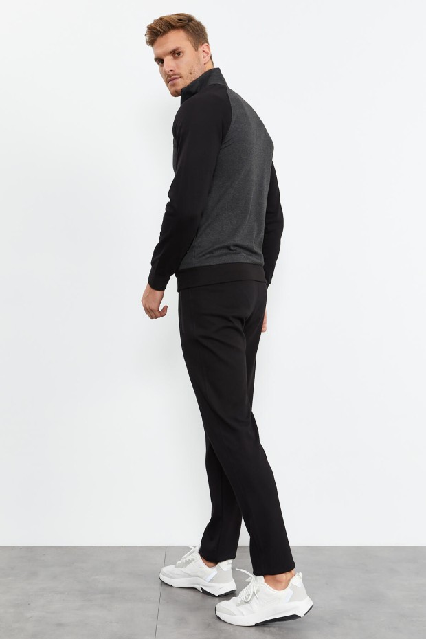 Siyah Dik Yaka Çift Renk Rahat Form Klasik Paça Erkek Eşofman Takımı - 85113