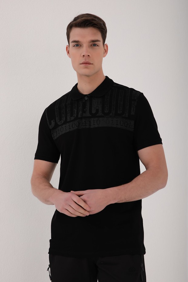 Siyah Eskitme Yazı Baskılı Standart Kalıp Polo Yaka Erkek T-Shirt - 87929