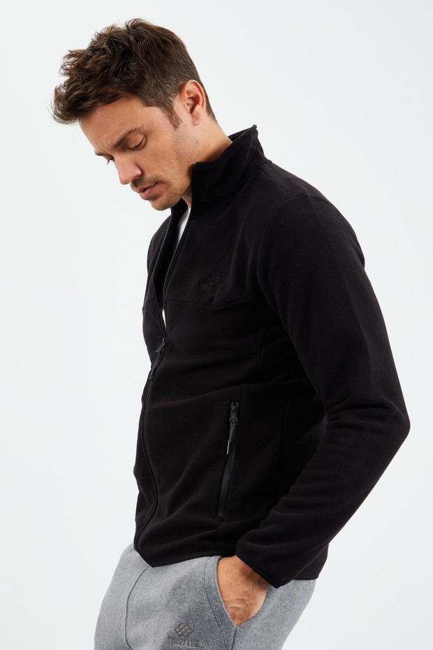 Siyah Fermuarlı Sweatshirt Slim Fit Dik Yaka Erkek Polar - 87270