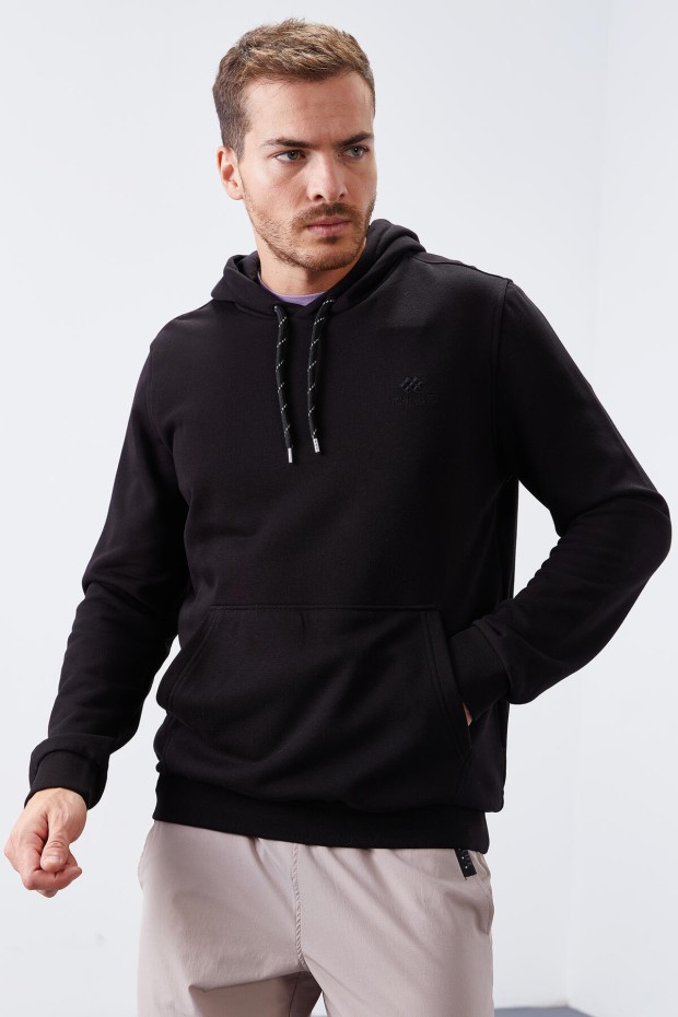 Siyah Kanguru Cep Standart Kalıp Kapüşonlu Erkek Sweatshirt - 87872