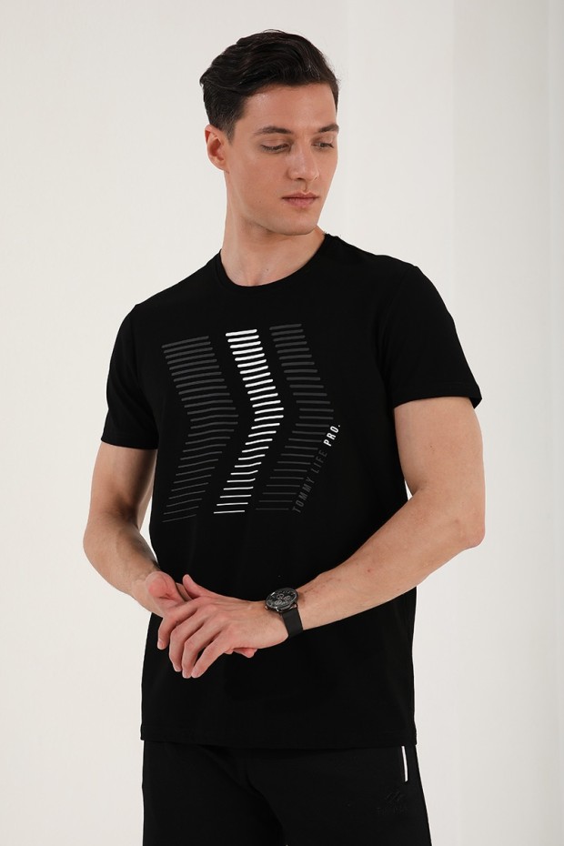 TommyLife - Siyah Karışık Harf Rakam Baskılı Rahat Form O Yaka Erkek T-Shirt - 87960