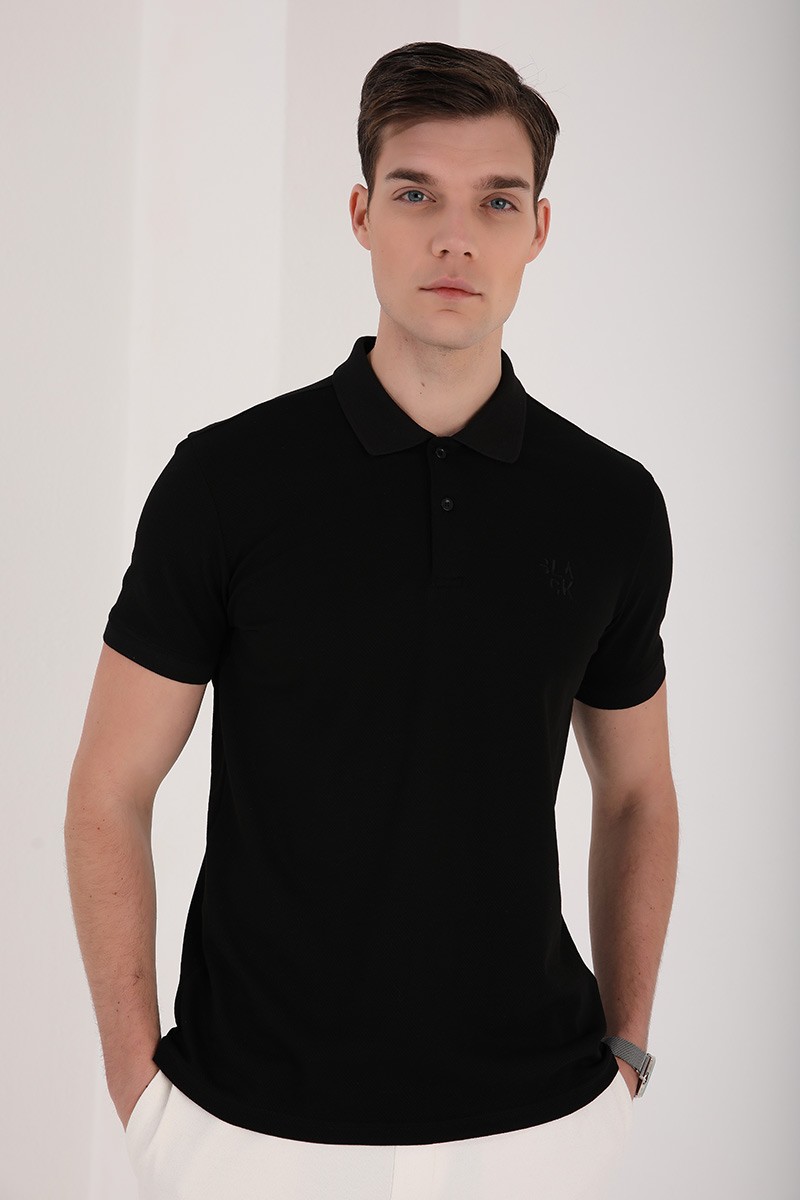 Siyah Klasik Black Yazı Nakışlı Standart Kalıp Polo Yaka Erkek T-Shirt - 87760