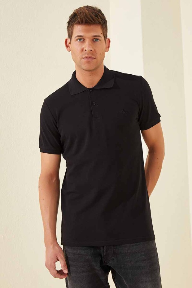 Siyah Klasik Kısa Kol Standart Kalıp Polo Yaka Erkek T-Shirt - 87787 - Thumbnail