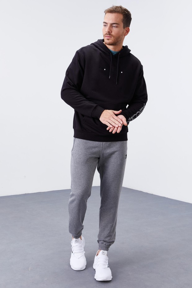 Siyah Kol Baskılı Kapüşonlu Rahat Form Erkek Sweatshirt - 88038