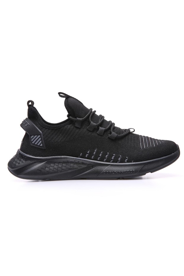 TommyLife - Siyah Lastik Bağcıklı Çizgi Detaylı Yüksek Taban Erkek Spor Ayakkabı - 89067