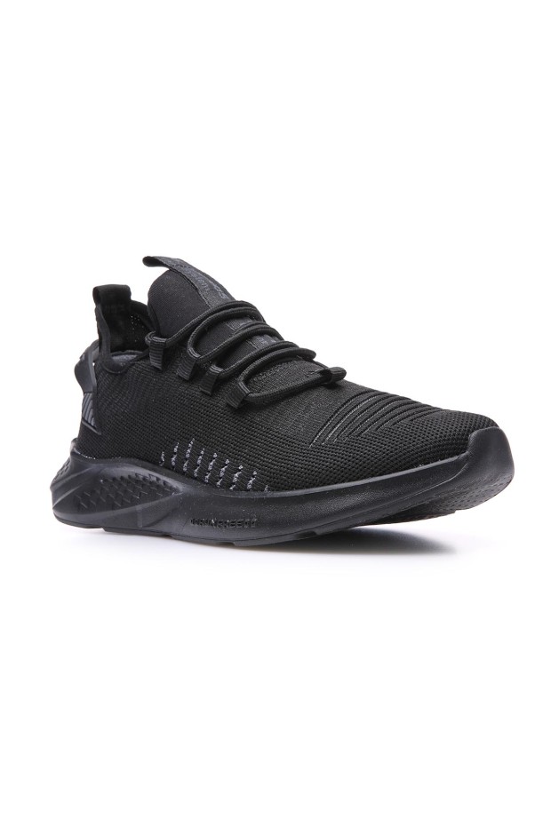 Siyah Lastik Bağcıklı Çizgi Detaylı Yüksek Taban Erkek Spor Ayakkabı - 89067