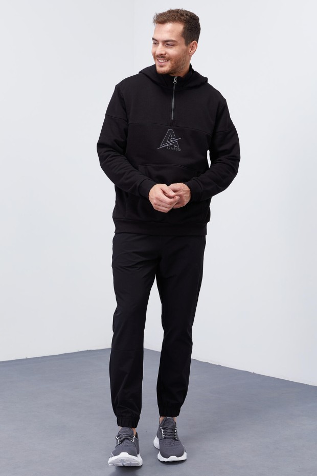 Siyah Nakış Detaylı Yarım Fermuar Kapüşonlu Erkek Sweatshirt - 88033