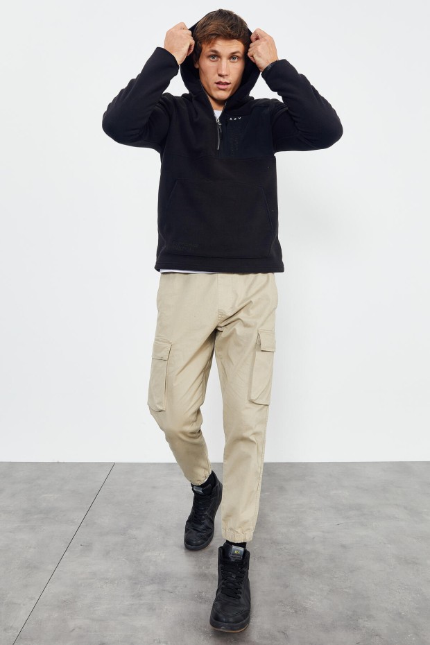 Siyah Nakışlı Yarım Fermuar Kapüşonlu Standart Kalıp Erkek Polar Sweatshirt - 87996
