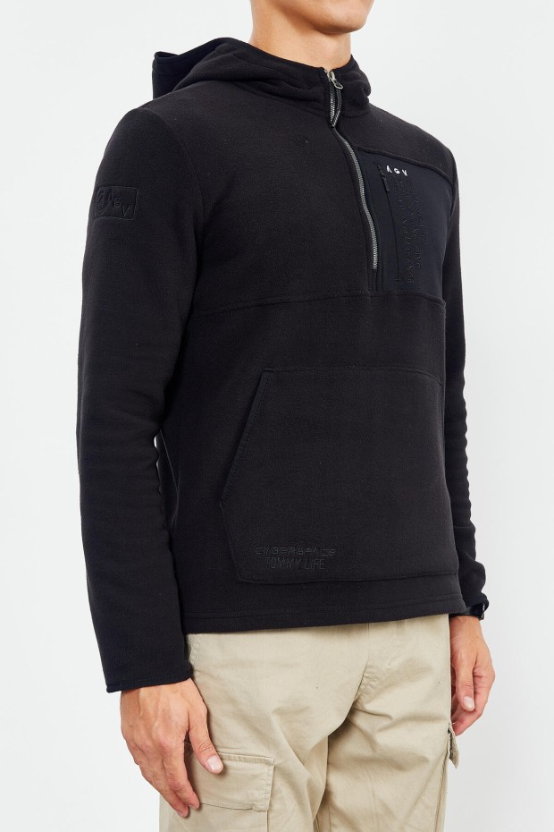 Siyah Nakışlı Yarım Fermuar Kapüşonlu Standart Kalıp Erkek Polar Sweatshirt - 87996