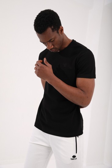 TommyLife - Siyah Petek Dokulu Çift Ok Logolu Standart Kalıp O Yaka Erkek T-Shirt - 87921