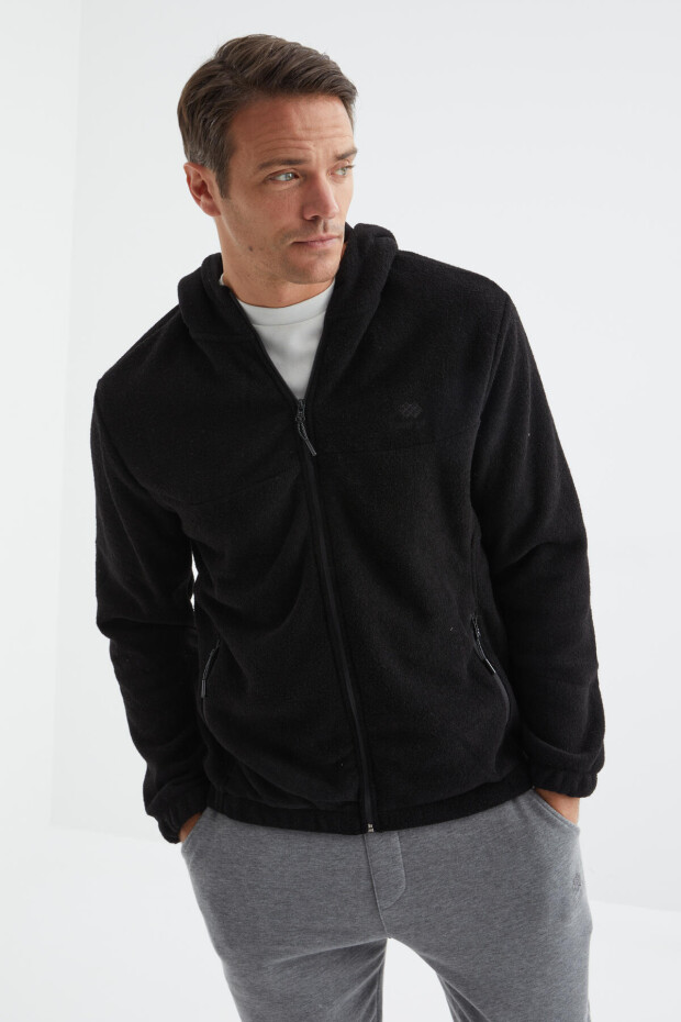 Siyah Fermuarlı Kapüşonlu Standart Kalıp Erkek Sweatshirt Havlu Polar - 88165