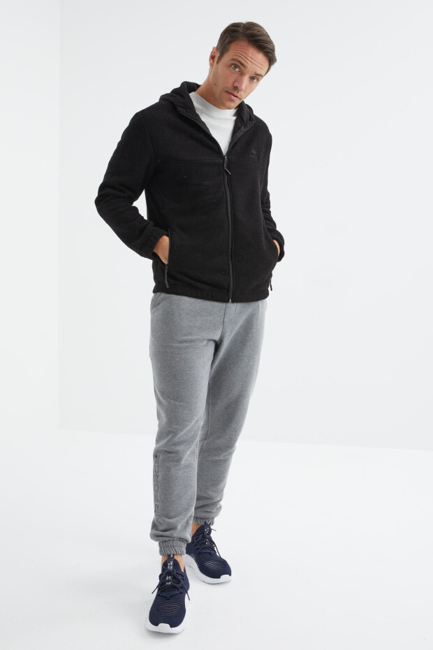 Siyah Fermuarlı Kapüşonlu Standart Kalıp Erkek Sweatshirt Havlu Polar - 88165