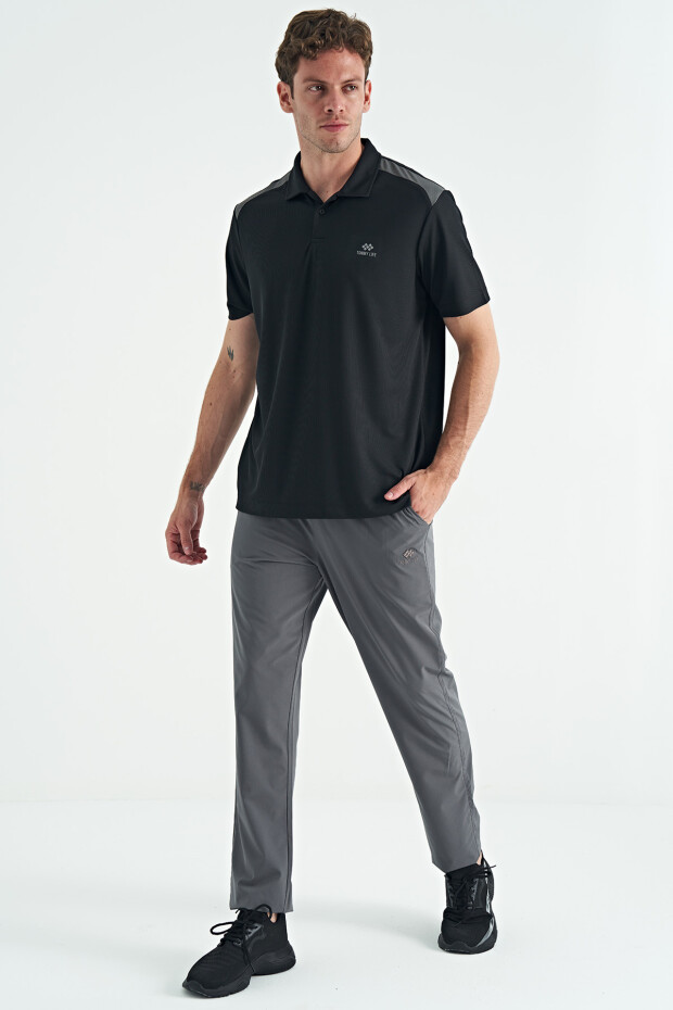 Siyah Garni Detaylı Polo Yaka Standart kalıp Aktif Spor Erkek T-Shirt - 88250