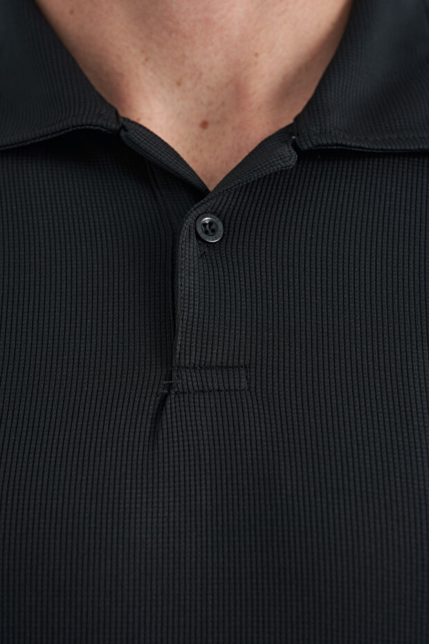Siyah Garni Detaylı Polo Yaka Standart kalıp Aktif Spor Erkek T-Shirt - 88250