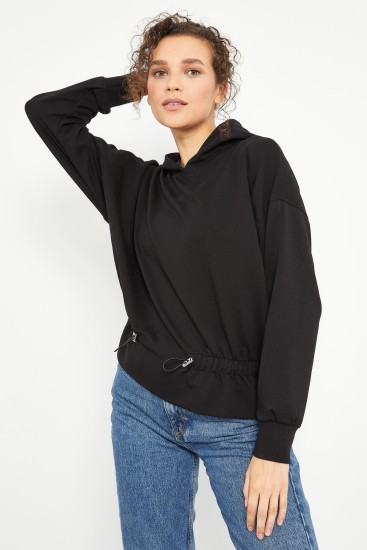 Siyah Beli Büzgülü Kapüşonlu Kadın Oversize Sweatshirt - 97159 - Thumbnail