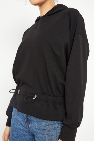 Siyah Beli Büzgülü Kapüşonlu Kadın Oversize Sweatshirt - 97159 - Thumbnail