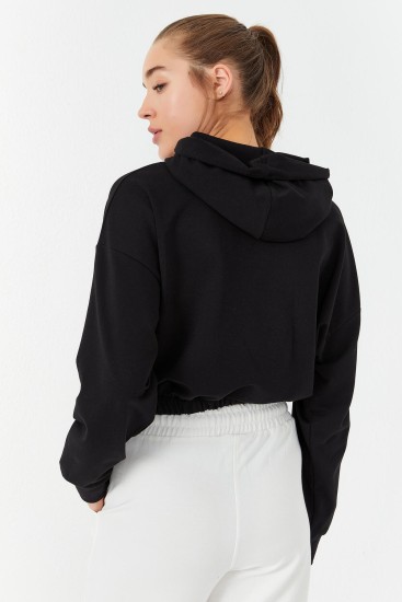 Siyah Beli Büzgülü Kapüşonlu Yarım Fermuarlı Rahat Form Kadın Crop Top Sweatshirt - 97155 - Thumbnail