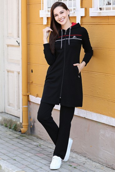 TommyLife - Siyah Kapüşonlu Fermuar Cepli Rahat Form Klasik Paça Kadın Eşofman Tunik Takım - 95131