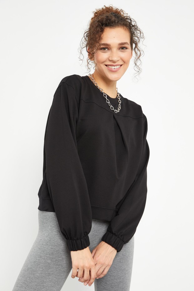 Siyah Pensli O Yaka Kadın Oversize Sweatshirt - 97165 - Thumbnail