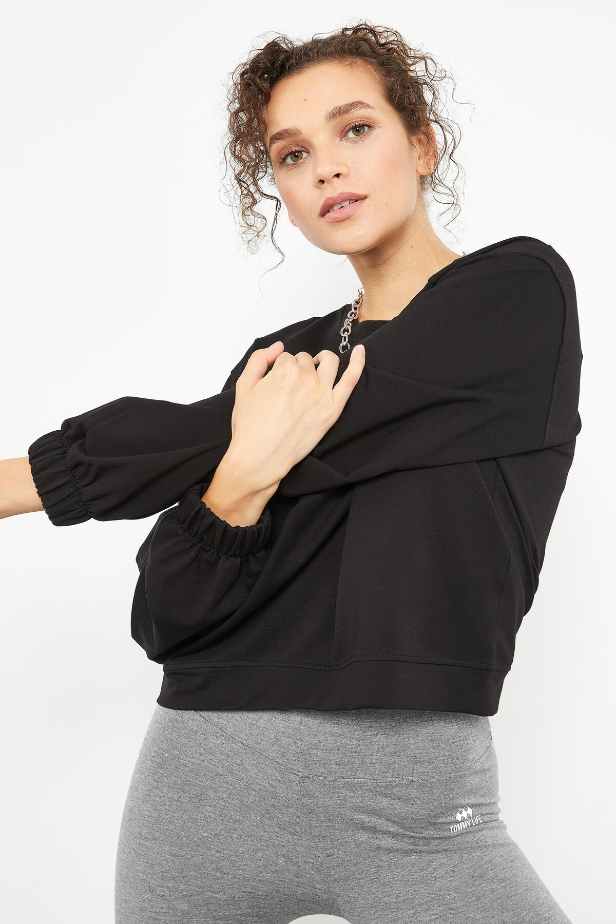 Siyah Pensli O Yaka Kadın Oversize Sweatshirt - 97165