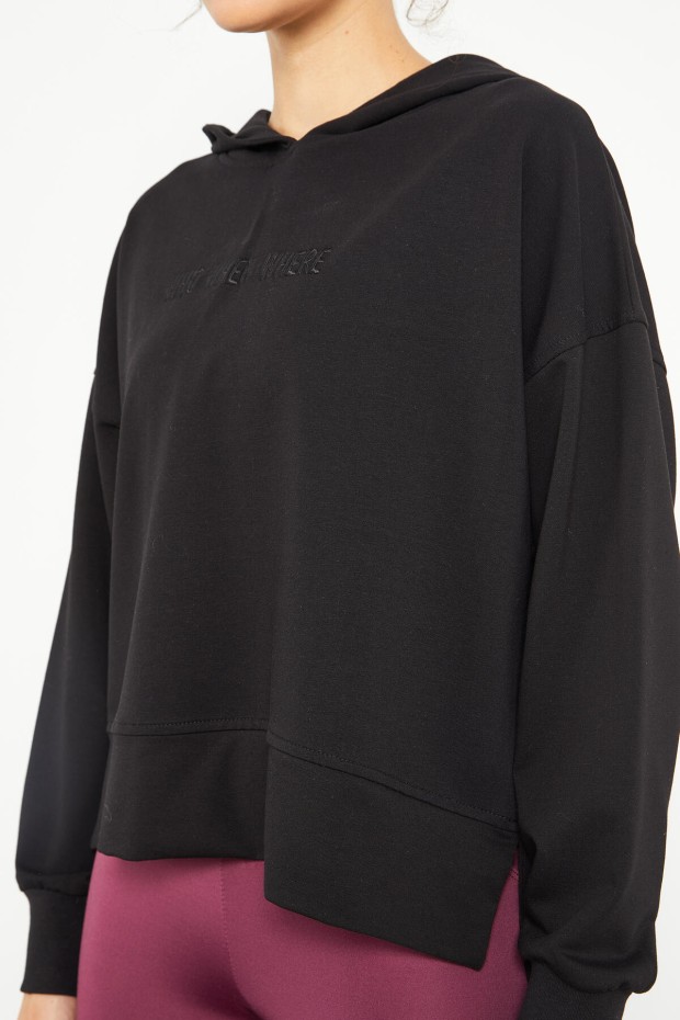 Siyah Yazı Nakışlı Kapüşonlu Basic Kadın Oversize Sweatshirt - 97164 - Thumbnail
