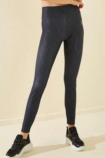 Siyah Yüksek Bel Desenli Slim Fit Dar Paça Kadın Tayt - 94548 - Thumbnail