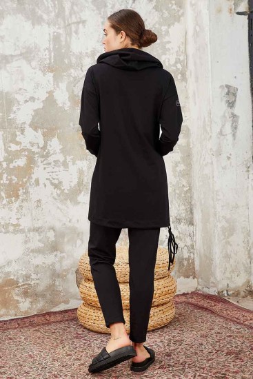 Siyah Kapüşonlu Kanguru Cep Rahat Form Dar Paça Kadın Eşofman Tunik Takım - 95238 - Thumbnail