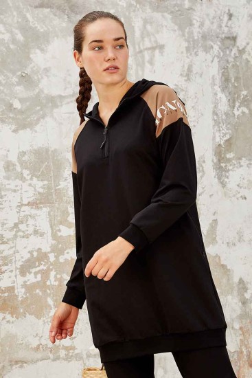 Siyah Kapüşonlu Yarım Fermuar Rahat Form Jogger Kadın Eşofman Tunik Takım - 95250 - Thumbnail