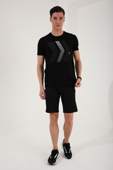 Siyah Karışık Harf Rakam Baskılı Rahat Form O Yaka Erkek T-Shirt - 87960 - Thumbnail