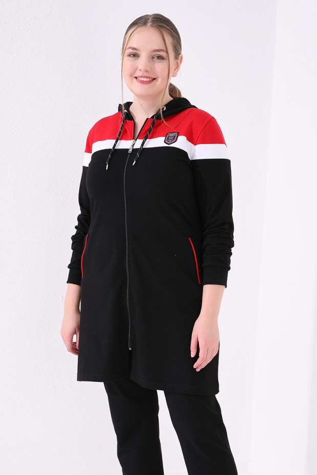Siyah - Kırmızı Kapüşonlu Cepli Rahat Form Klasik Paça Kadın Büyük Beden Tunik Takım - 95060