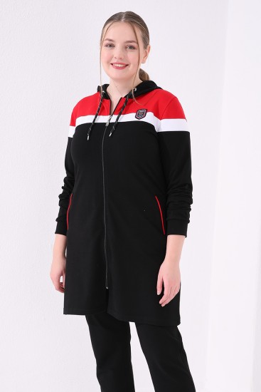 Siyah - Kırmızı Kapüşonlu Cepli Rahat Form Klasik Paça Kadın Büyük Beden Tunik Takım - 95060 - Thumbnail