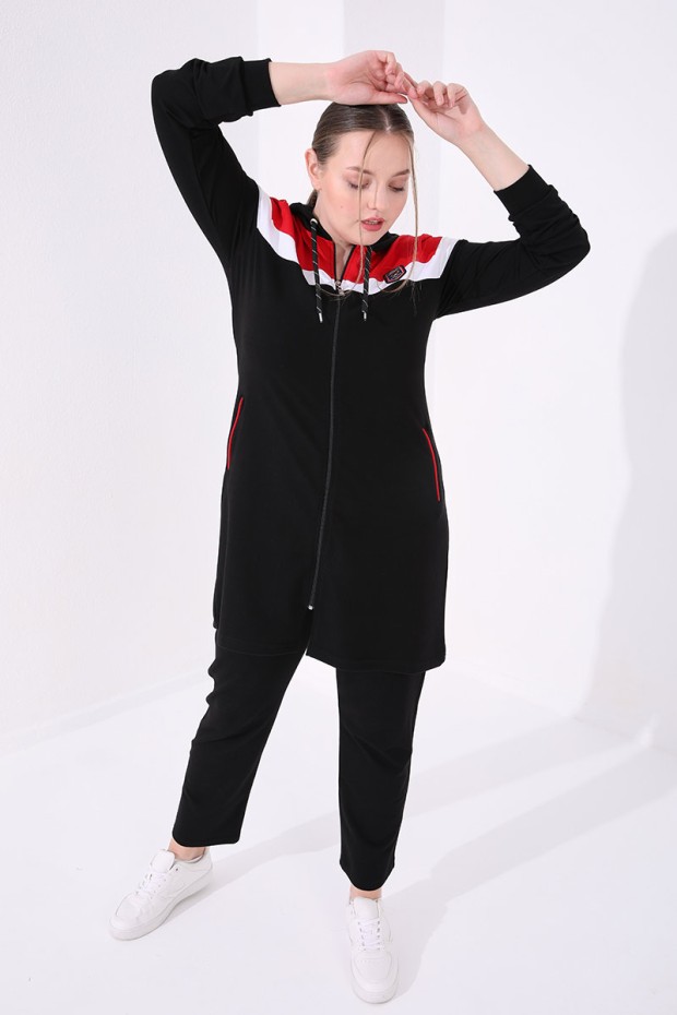 Siyah - Kırmızı Kapüşonlu Cepli Rahat Form Klasik Paça Kadın Büyük Beden Tunik Takım - 95060