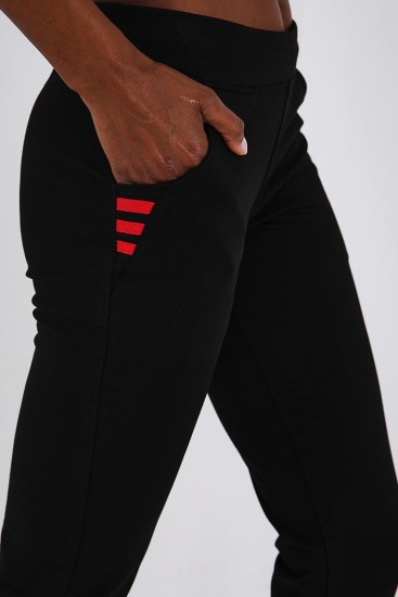 Siyah - Kırmızı Şerit Cepli Jogger Rahat Form Manşetli Kadın Eşofman Alt - 94079 - Thumbnail