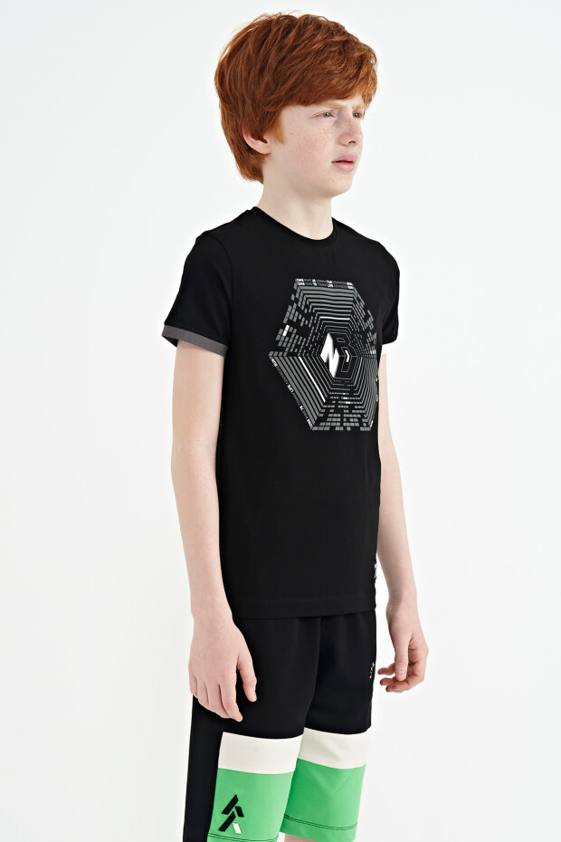 Siyah Kol Ucu Renkli Detaylı Baskılı Standart Kalıp Erkek Çocuk T-Shirt - 11156