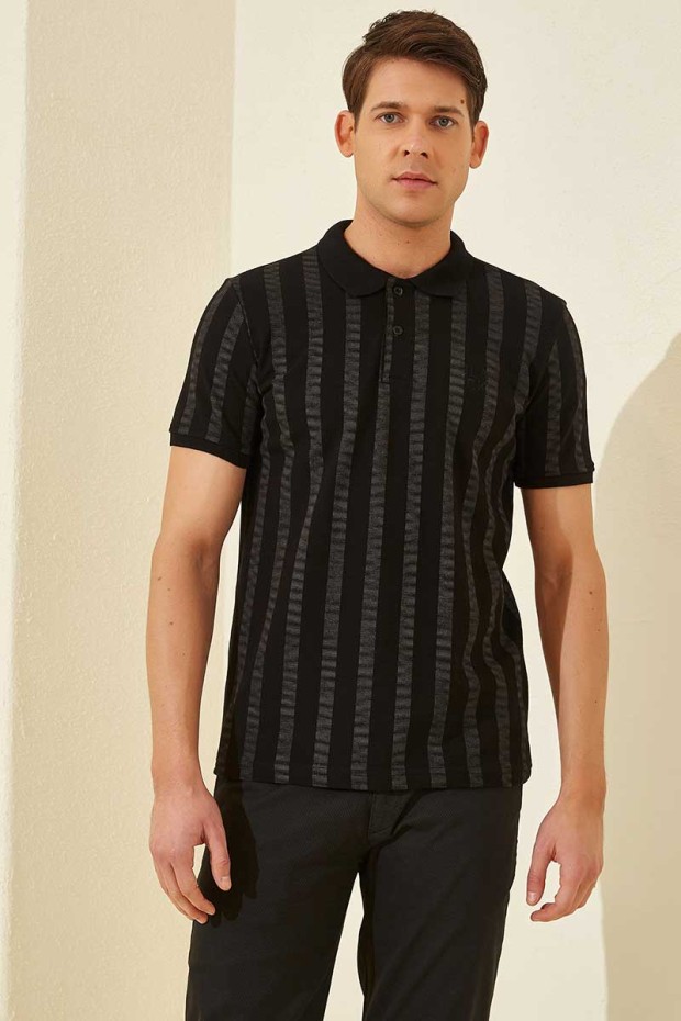 Siyah - Koyu Gri Desen Çizgili Standart Kalıp Polo Yaka Erkek T-Shirt - 87805