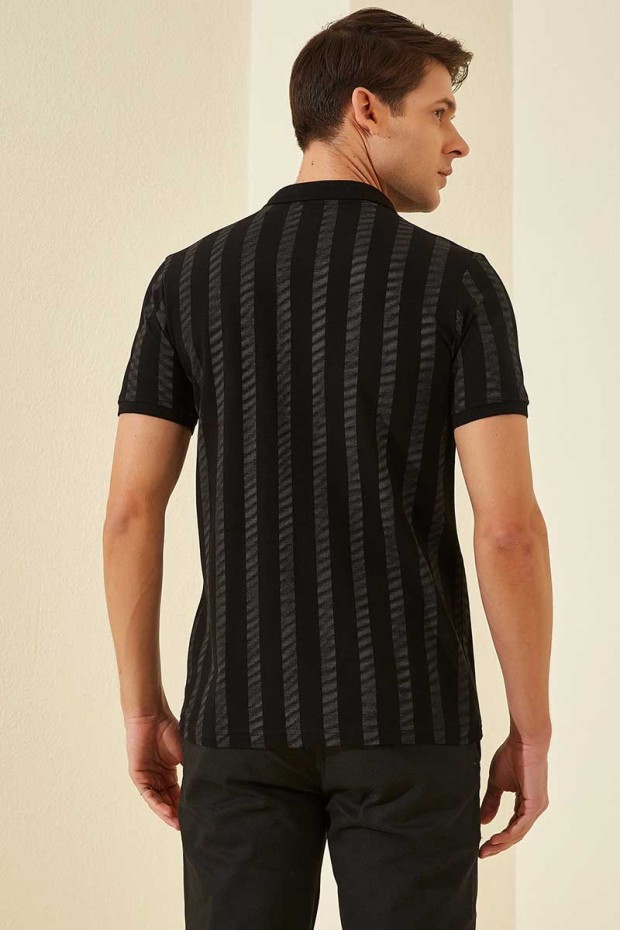 Siyah - Koyu Gri Desen Çizgili Standart Kalıp Polo Yaka Erkek T-Shirt - 87805