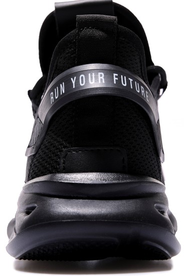Siyah Lastik Bağcıklı Nakış Detaylı Yüksek Taban Erkek Spor Ayakkabı - 89053 - Thumbnail