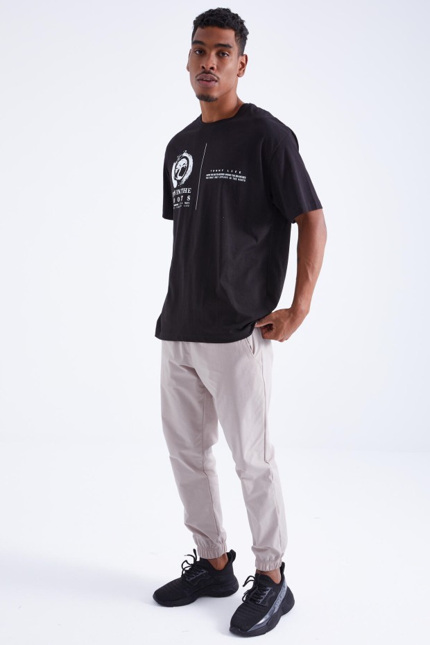 Siyah Minimal Baskılı O Yaka Erkek Oversize T-Shirt - 88096