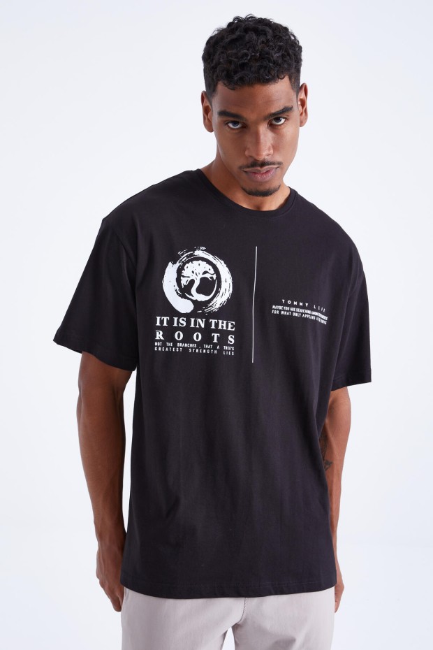Siyah Minimal Baskılı O Yaka Erkek Oversize T-Shirt - 88096