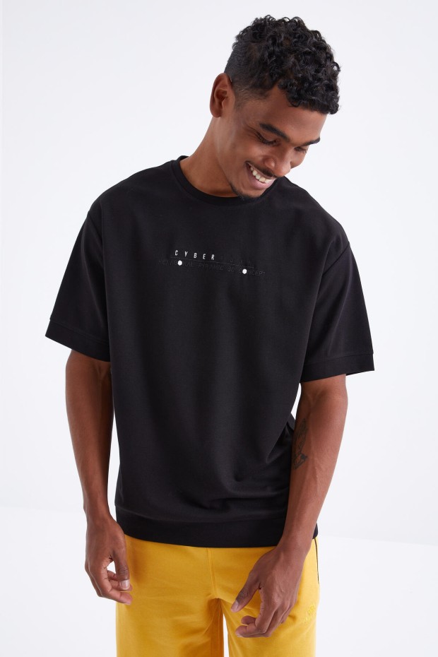 Siyah Minimal Yazı Nakışlı O Yaka Erkek Oversize T-Shirt - 88106