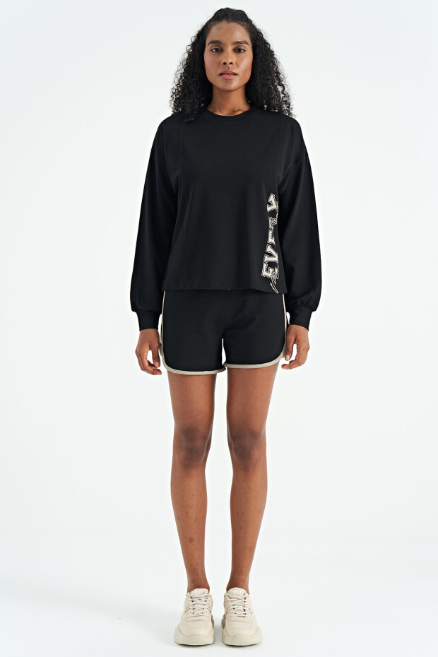 Siyah Nakış Detaylı Balon Kol Crop Basic Kadın Sweatshirt - 02118