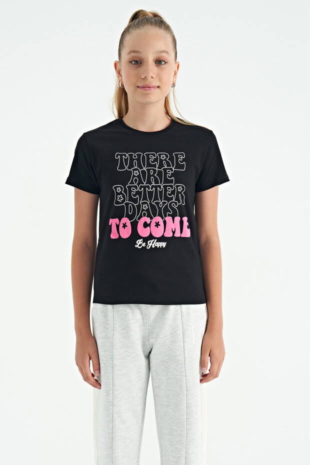 Siyah O Yaka Yazı Baskılı Rahat Form Kısa Kollu Cropped Kız Çocuk T-Shirt - 75118