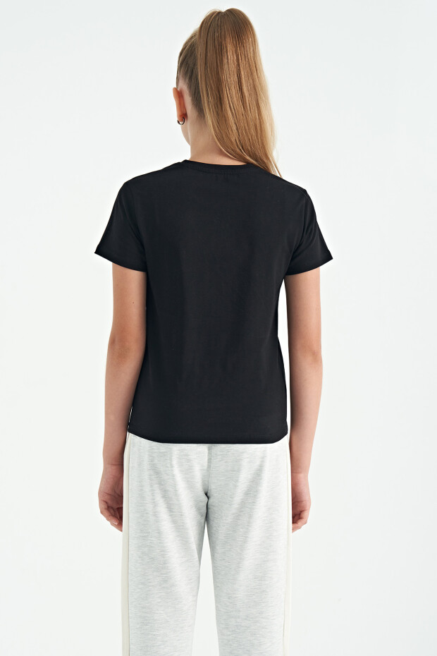 Siyah O Yaka Yazı Baskılı Rahat Form Kısa Kollu Cropped Kız Çocuk T-Shirt - 75118
