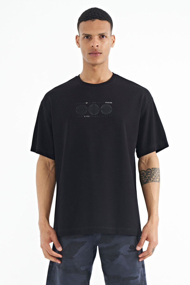 Siyah Ön Arka Baskılı O Yaka Oversize Erkek T-shirt - 88224